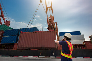 Loading master, port control or stevedore takes control working at job site in port terminal, loading operation in port terminal under regulation safe working place