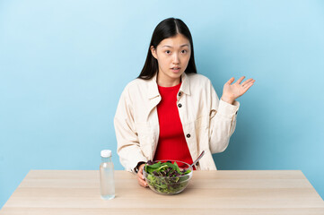 Young Chinese girl eating a salad making doubts gesture