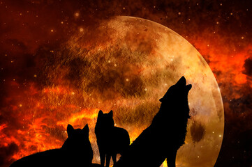 three wolves - pack of wolves over background with planet and universe like mystic magic fantasy ani