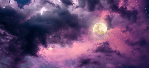 Background of full moon with colorful night sky and stars.