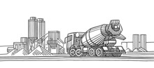 Concrete Mixer Truck In Front Of Concrete Batching Plant/cement Mixing Silo Monochrome Illustration, Isolated, Vector.	

