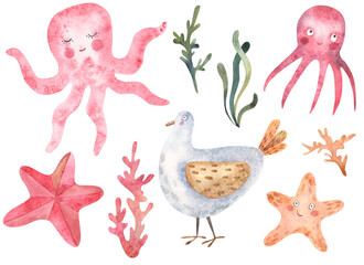  sea ​​set with jellyfish and seagull and starfish watercolor illustration on white background