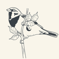 Sparrow and Leaves, Little Birdie on a branch, Line art Drawing, Tattoo Design Style 