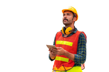 A man ware the helmet and reflactive vest holding the tablet in hand isolated on white background