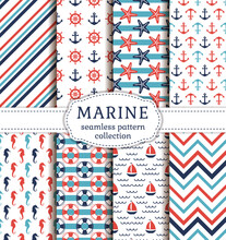 Set Of Marine And Nautical Backgrounds. Sea Theme. Seamless Patterns Collection. Vector Illustration.