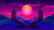 Neon colored 80s or 90s styled landscape with 3D hands holding the glowing purple sun