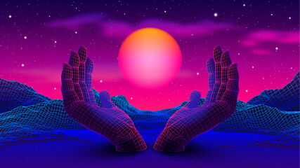 Wall Mural - Neon colored 80s or 90s styled landscape with 3D hands holding the glowing purple sun