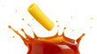 © popout - macaroni falling into a tomato sauce splash isolated on white background