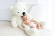© Any Grant - A small child a girl 6 months old is lying on a large soft bear in a bright apartment in diapers