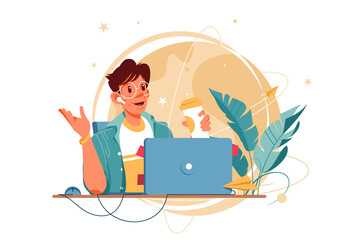 Happy man with glasses using laptop for distance communication.