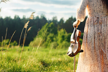 The brunette girl with a violin outdoor