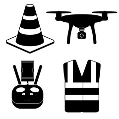 Drone pilot kit and safety equipment silhouette icons