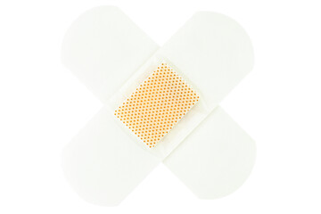 white wound patches in the shape of a cross, isolated on a white background with a clipping path.