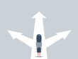 © alekseiveprev - Business decision concept vector illustration. Businesswoman standing on the crossroads with three arrows and directions. vector illustration.