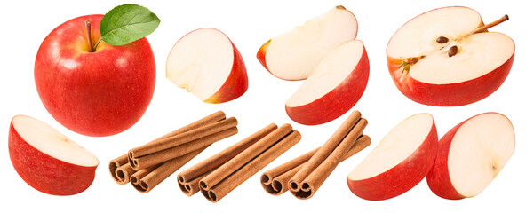 Wall Mural - red apple slices and cinnamon set isolated on white background