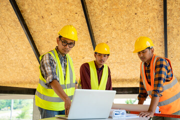 Poster - Industrial engineering team meeting and working at construction site.