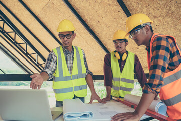 Poster - Engineer and architect meeting or discussing work in office or construction site.
