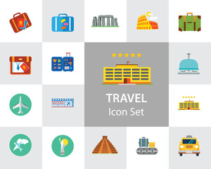 Poster - Travel icons set with airplane, flight ticket and suitcase. 