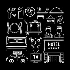 Hotel vector set. Hand drawn hotel icon collection. Travelling hotel service symbols. Vacation accommodation outline doodles