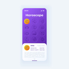 Daily horoscope app smartphone interface vector template. Mobile app page day mode design layout. Taurus birth sign description screen. Flat UI for application. Twelve zodiac signs on phone display
