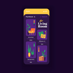 Furniture store app smartphone interface vector template. Mobile app page night mode design layout. Living room interior accessories screen. Flat UI for application. Furniture items on phone display
