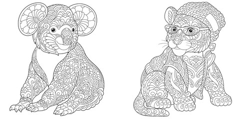 Wall Mural - Coloring pages with koala bear and tiger