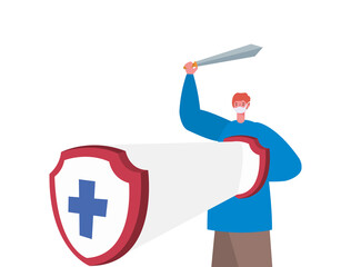 Wall Mural - Man with mask sword and shield with cross design of Fight covid 19 virus and stop spread theme Vector illustration