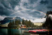 Scenic View Of Emerald Lake And Canadian Rockies During Sunset