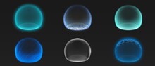 Force Shield Bubbles, Various Energy Glowing Spheres Or Defense Dome Fields. Science Fiction Deflector Elements, Firewall Absolute Protection Isolated On Black Background, Realistic 3d Vector Set