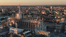 Milan Cathedral Duomo Aerial View Drone At Sunrise,shot Of City Center At Dawn