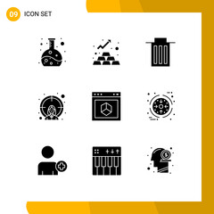 Set of 9 Vector Solid Glyphs on Grid for element, application, interface, goal, female