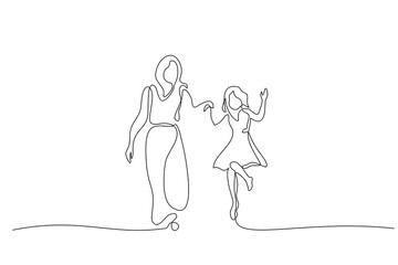 Wall Mural - Mother and daughter walking together one line drawing