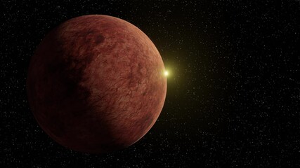 Wall Mural - sunrise on rotating red mars planet in space. sun appears and flares. stars on background. 3d render