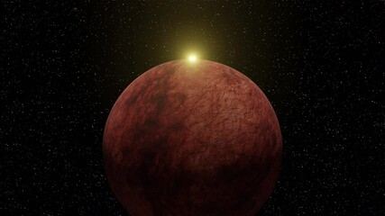 Wall Mural - sunrise on rotating red mars planet in space. sun appears and flares. zoom in. camera approaching pl