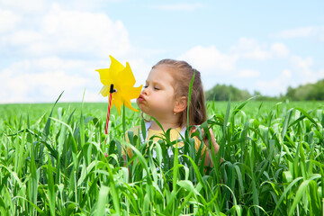 A 3-year-old girl in a field of young wheat in June. The child blows on the turntable. Happy child.