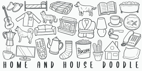 Wall Mural - House Doodle Line Art Illustration. Hand Drawn Vector Clip Art. Banner Set Logos.