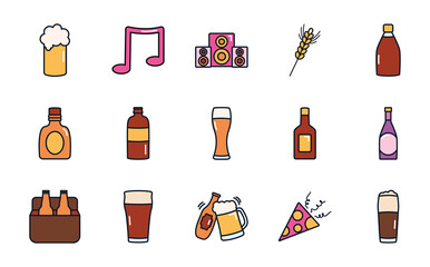 Wall Mural - musical note and liquor bottles icon set, line fill style