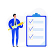 © Chipolla - Office Manager boss fills out form for web banner infographic website. Concept done job checklist.  Clipboard with long paper document to do list with checkboxes. Time and tasks management for success