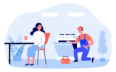 Poster - Repair man working on broken oven. Woman drinking tea in kitchen flat vector illustration. Home appliance, service call, housekeeping concept for banner, website design or landing web page