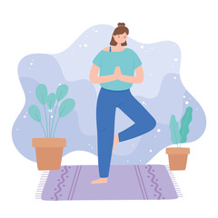 Sticker - woman practicing yoga vrksasana pose exercises, healthy lifestyle, physical and spiritual practice