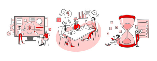 Work on startup set. Developers testing software, planning tasks. Flat illustrations. Teamwork, brainstorming, discussion, business concept for banner, website design or landing web page