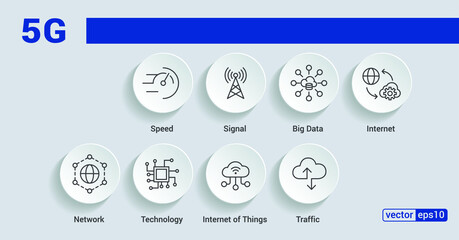 5G banner web icon for business and technology, speed, signal, network, technology, big data, Iot and traffic icons. Minimal vector infographic.