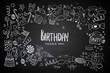 © Vectorideas - Happy Birthday background. Hand-drawn Birthday sets, party blowouts, party hats, gift boxes and bows. vector illustration chalk texture isolated on black background