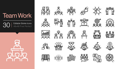 Team work icons. Business success concept of teamwork partnership. Modern line design. Editable Stroke.