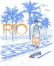 Vector Illustration Of Skateboarder On The Edge Of The City Of Rio De Janeiro.