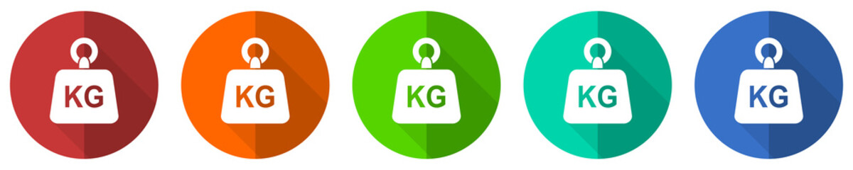 Poster - Weight, kg, kilogram icon set, red, blue, green and orange flat design web buttons isolated on white background, vector illustration