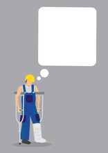 Injured Construction Worker With Blank Thinking Bubble With Empty Copy Space On Grey Background. Vector Illustration.