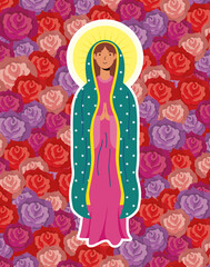 Poster - assumption of beautiful mary virgin with roses background