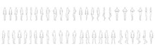 Fashion Template Of 50 Men And Women. 9 Head Size For Technical Drawing. Gentlemen And Lady Figure Front, Side, 3-4 And Back View. Vector Outline Boy And Girl For Fashion Sketching And Illustration.