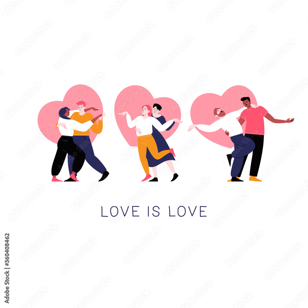 Three couples of different sexualities dancing. Hearts on the background. Love is love. Pride month concept - obrazy, fototapety, plakaty 